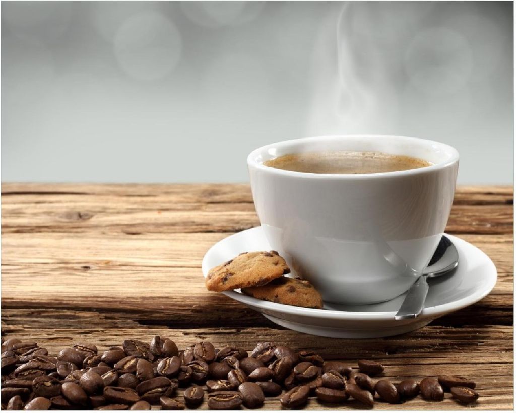 Wallario Poster - Heiße Tasse Kaffee mit Kaffeebohnen, Kunstdruck Größe: 40 x 50 cm