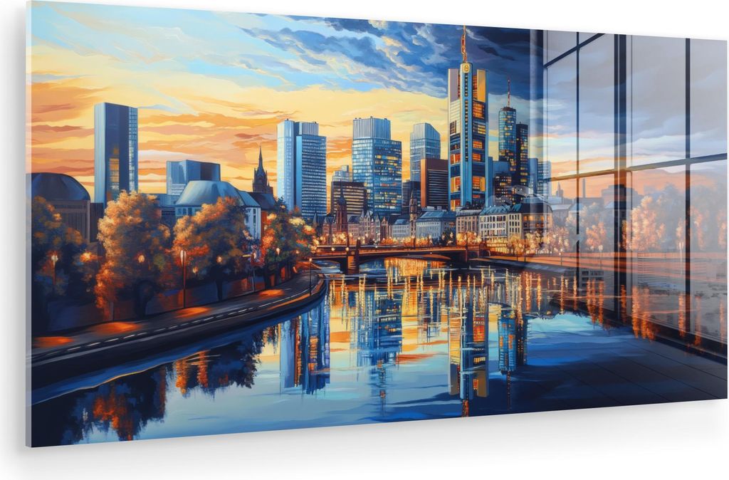 MuchoWow Glasbilder - Bilder auf Wandbild - Foto auf Glas Sonnenuntergang Frankfurt - Stadt - Skyline - Wasser 120x60 cm Wanddekoration aus Glas - ...