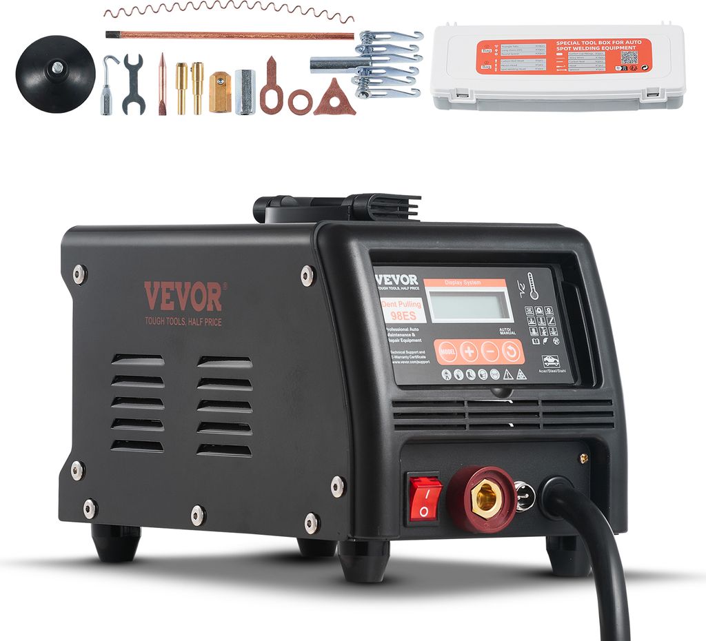 A black VEVOR dent puller machine with various accessories laid out above it.