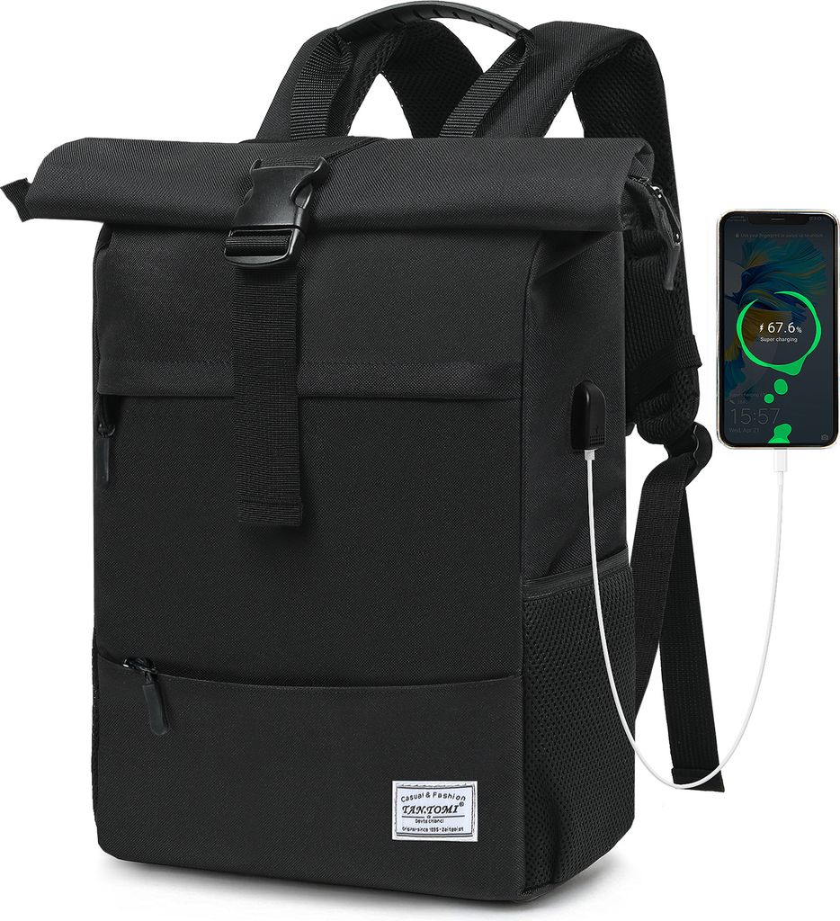 Mofut Freizeitrucksack Arbeitsrucksack Groß Damen lässiger Rolltop Rucksack Herren Backpack, mit Laptopfach bis 15,6 zoll und externen USB-Anschluss