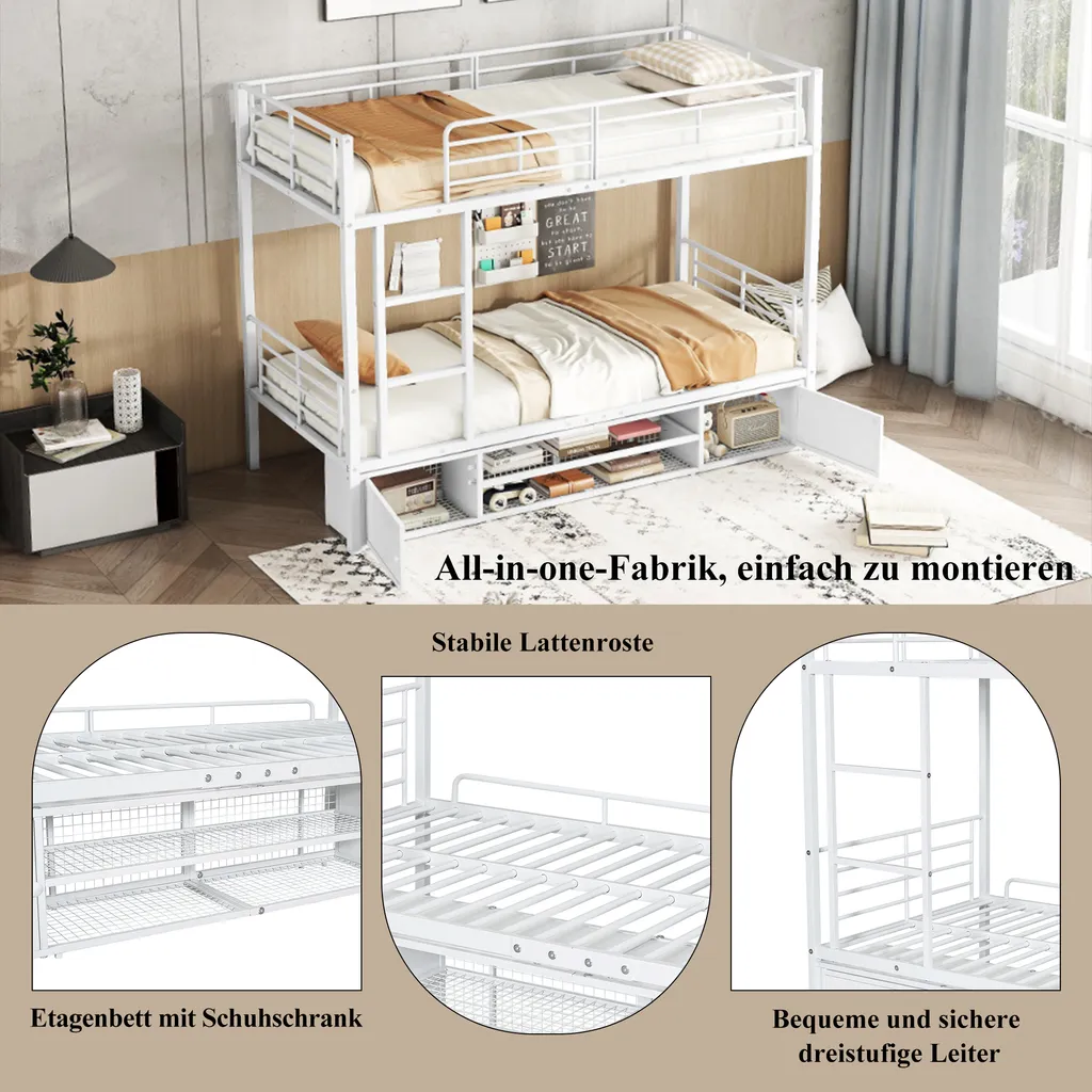 Lit superposé blanc en métal avec barrière anti-chute et armoire 2 portes - 7