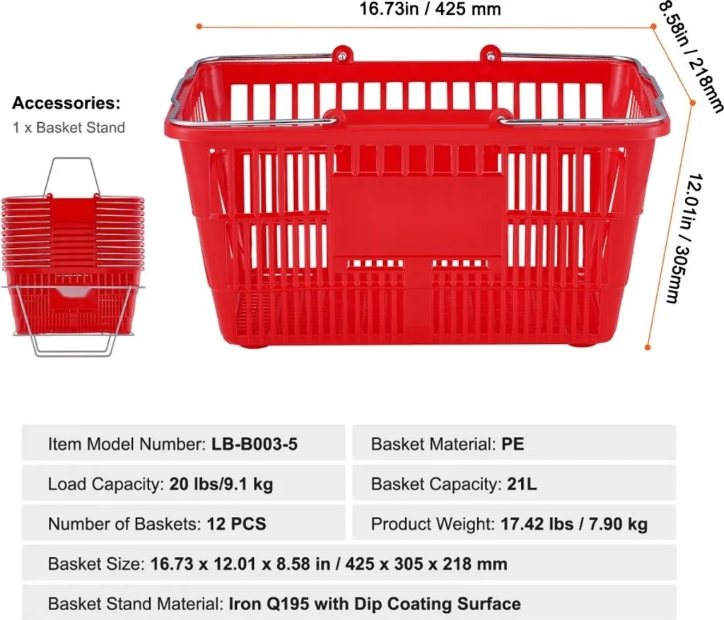 Panier d'achat incassable 21L avec anse fer, pack de 12 avec support