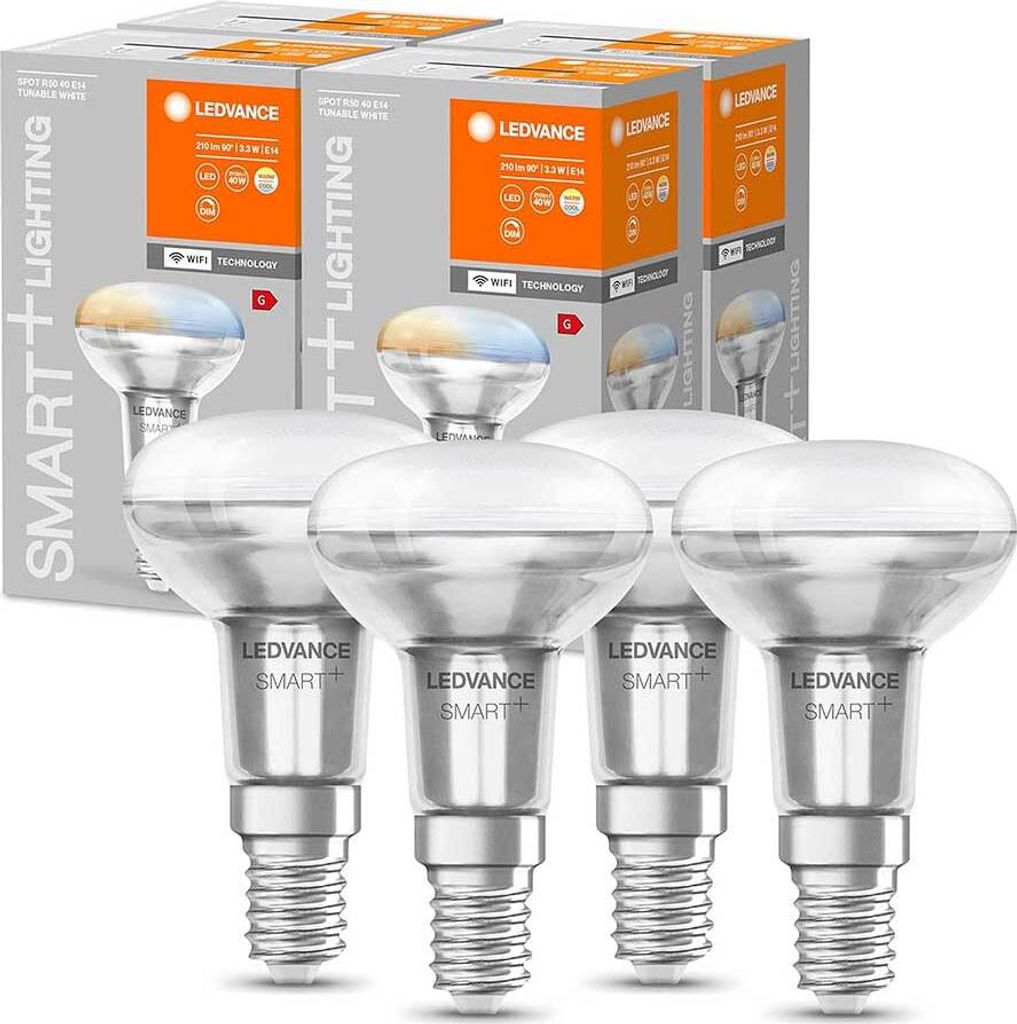 4 x Ledvance Smart+ LED R50 Glas Reflektor 3,3W = 40W E14 matt 210lm TW 2700-6500K DIMMBAR App Google Alexa WiFi