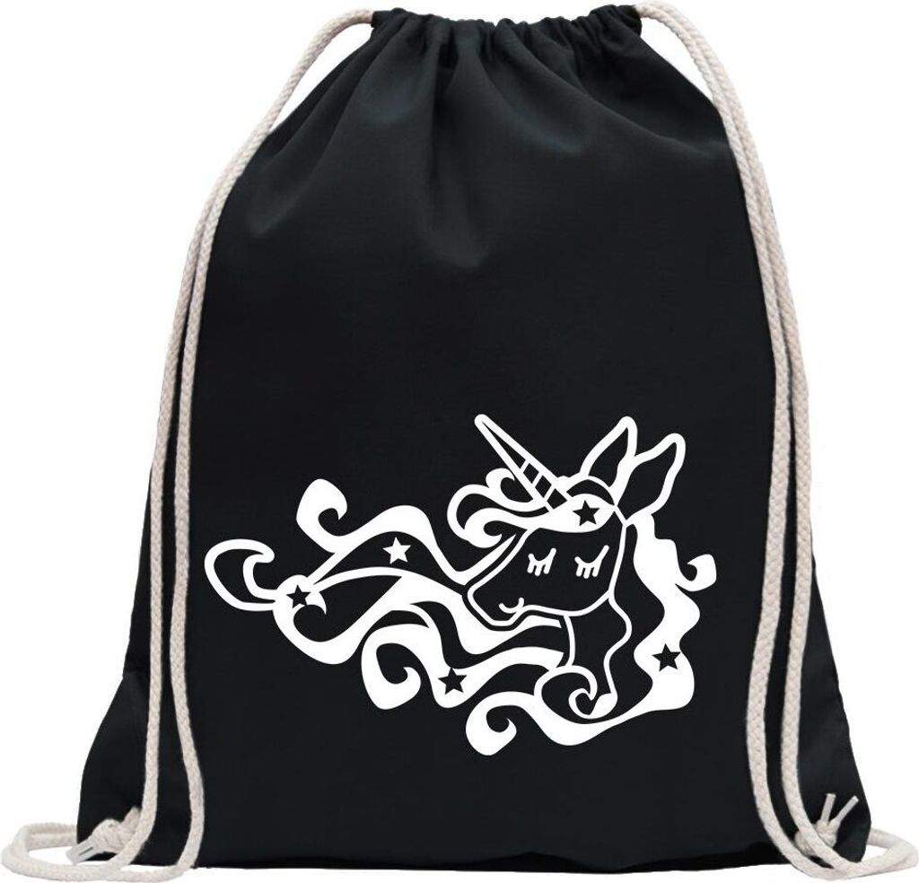 Kiwistar - Turnbeutel - schwarz - Einhorn Unicorn Regenbogen - Fun Rucksack Sport Beutel Gymsack Baumwolle mit Ziehgurt