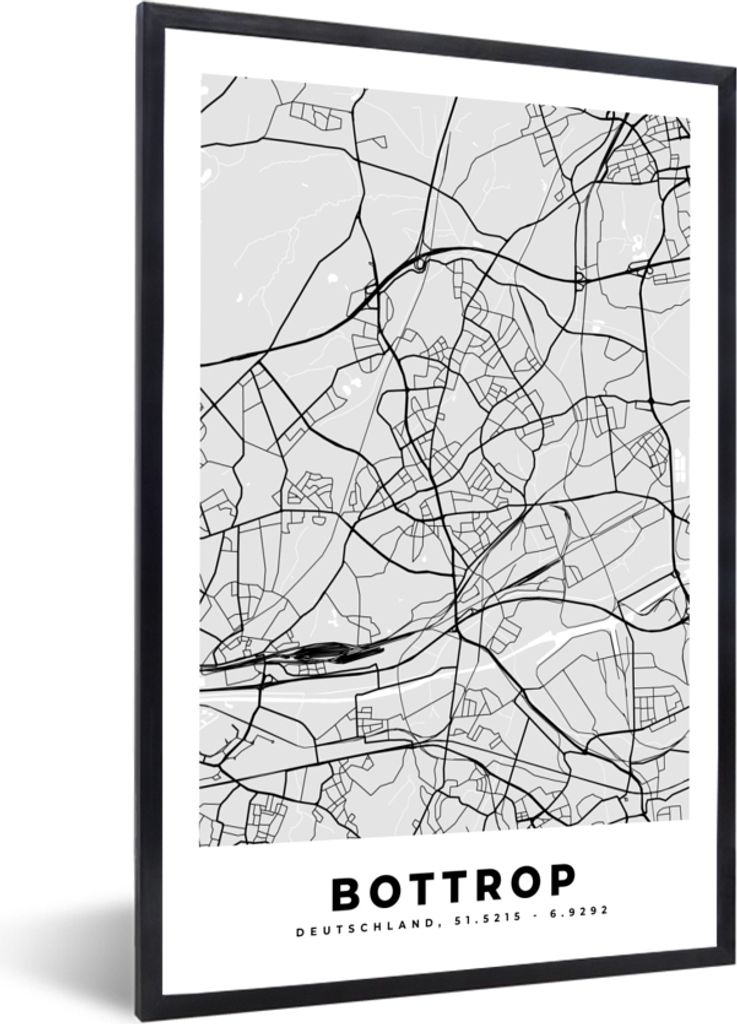MuchoWow Gerahmtes Poster Deutschland - Karte - Bottrop - Stadtplan 20x30 cm - Poster mit Schwarzem Bilderrahmen Wandposter Rahmen Foto Bilder - ...