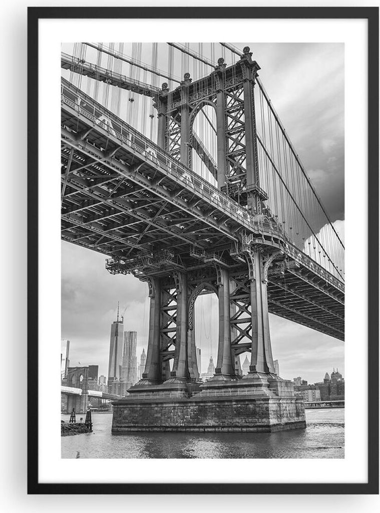 Gerahmtes Poster - Schwarzer Rahmen - Manhattan Brücke Schwarzweiß - 50x70 cm - Wand Bild - Wanddeko - Wandbilder - Wandposter - Bilderrahmen - B...