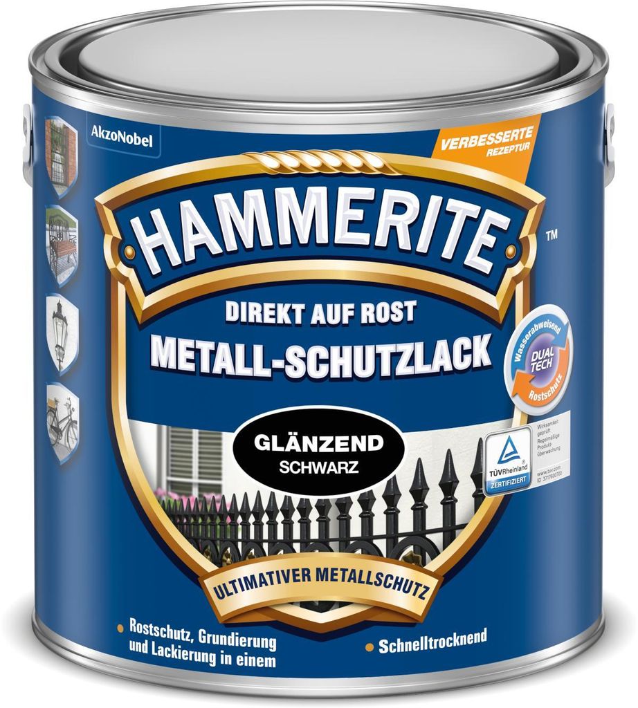 Hammerite Metallschutzlack Glänzend, Schwarz, 3in1- Rostschutz, 2,5 l