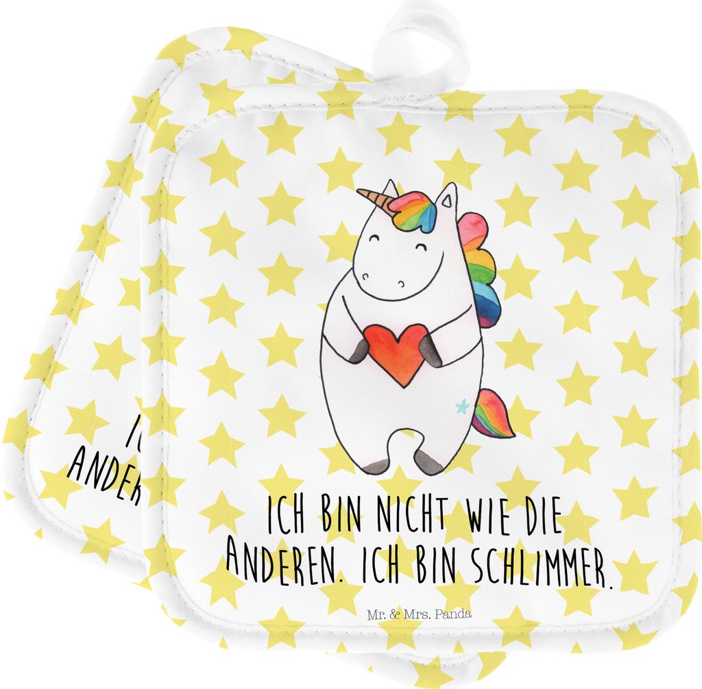 Mr. & Mrs. Panda Topfuntersetzer Einhorn Herz - Weiß - Geschenk, topfhalter, böse, Einhörner, Doppel Topflappen, Freundin, Unicorn, Kochlappen, ...