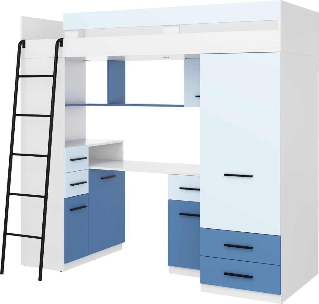 Hochbett SMYK L Etagenbett Schlafzimmer-Sets Schreibtisch Kleiderschrank Regal Weiß Himmelblau Blau