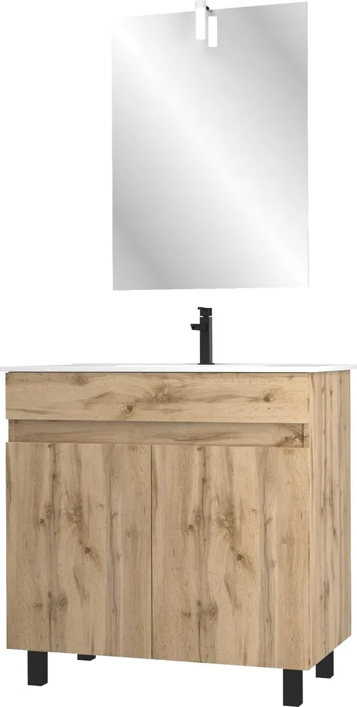 Meuble de bain 80cm chêne naturel Timber 80 avec vasque et miroir à LED
