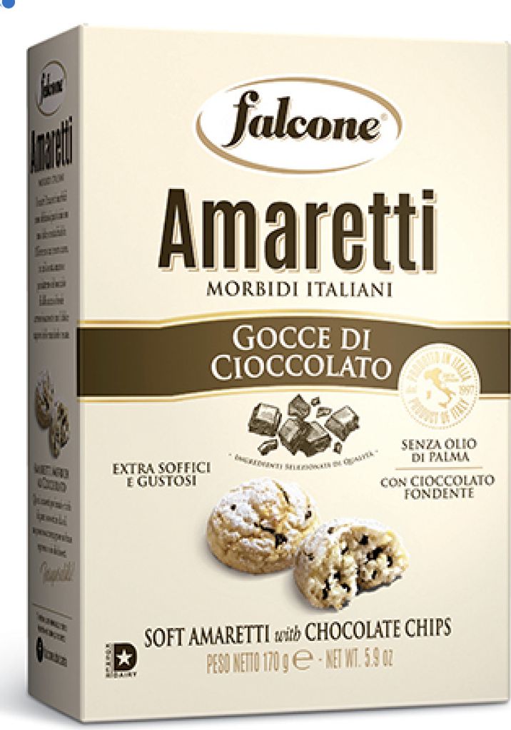 A box of Falcone Amaretti Morbidi al Cioccolato cookies.