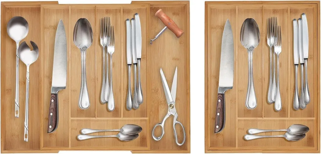 Range-couverts ajustable en bambou naturel avec séparateurs modulables