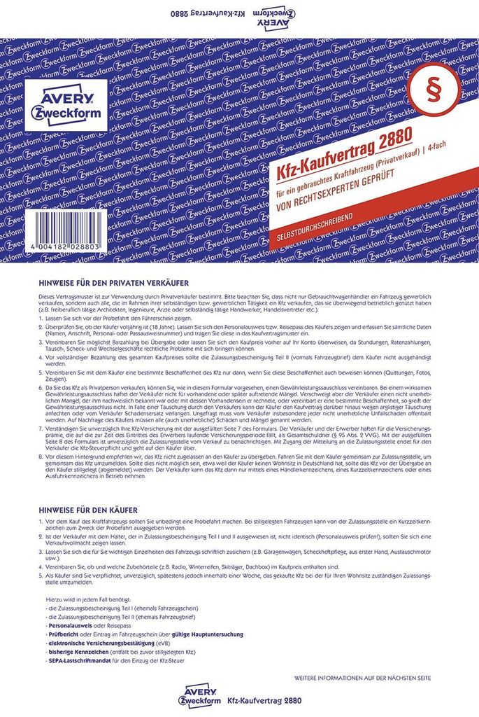 5x Avery Zweckform 2880 umowa sprzedaży samochodu używanego Zdjęcie produktu 