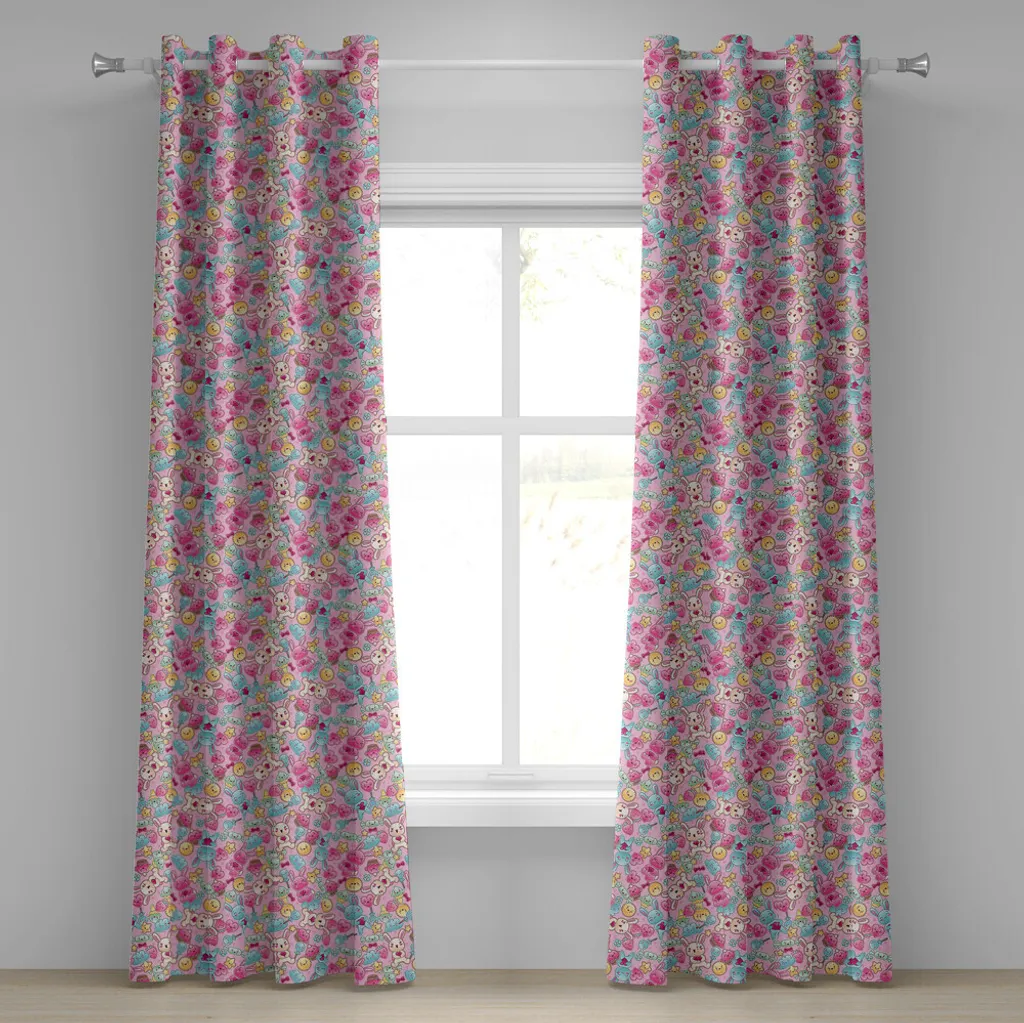 Rideau à œillets pour bébé ABAKUHAUS Lapins Kawaii 280x175cm Rose