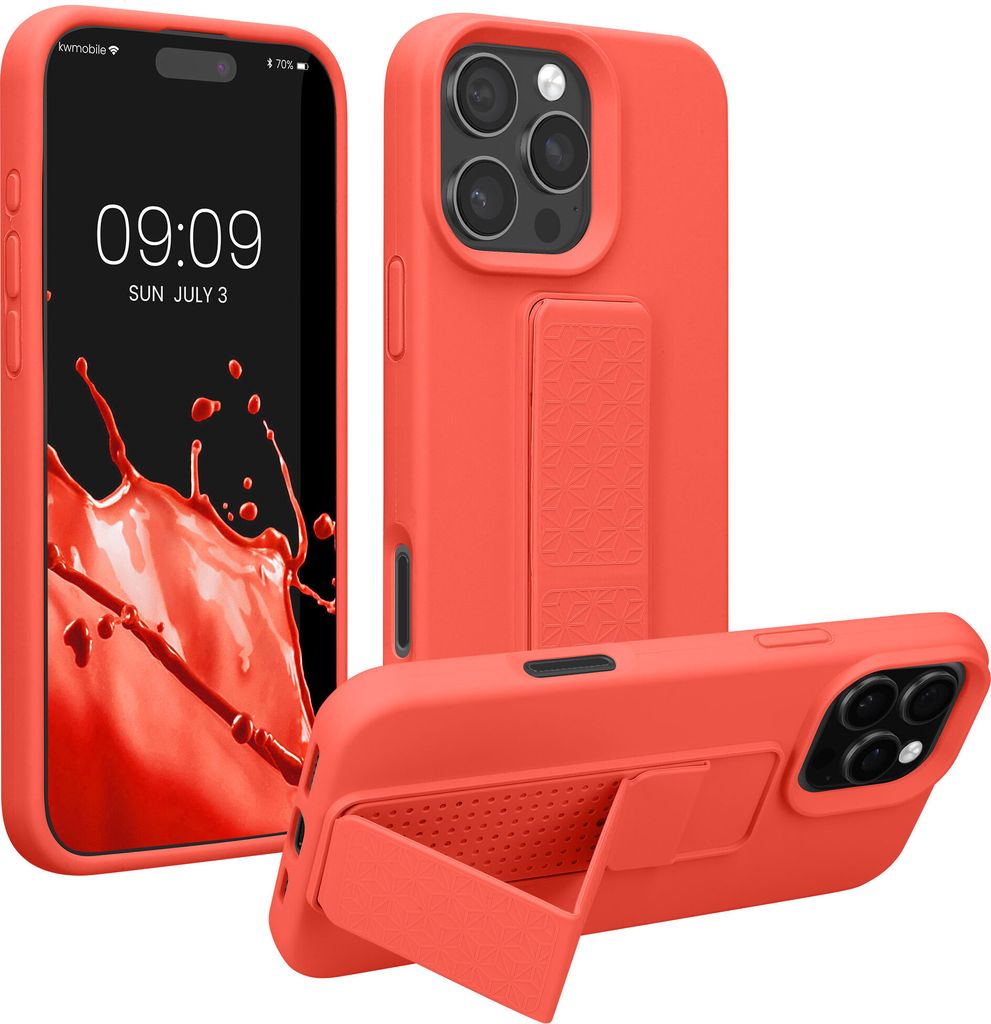 kwmobile Handyhülle kompatibel mit Apple iPhone 16 Pro Max - Hülle mit Fingerhalter und Standfunktion - Silikon Case Handy Cover in Koralle