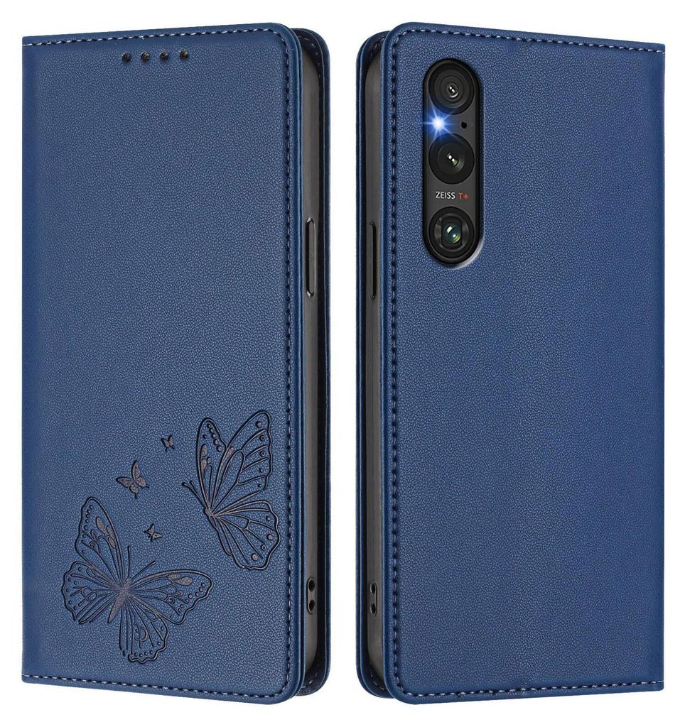 Lederhülle für Sony Xperia 1 V, Schmetterling Prägung Leder Brieftasche Schutzhülle mit Ständer Dunkelblau