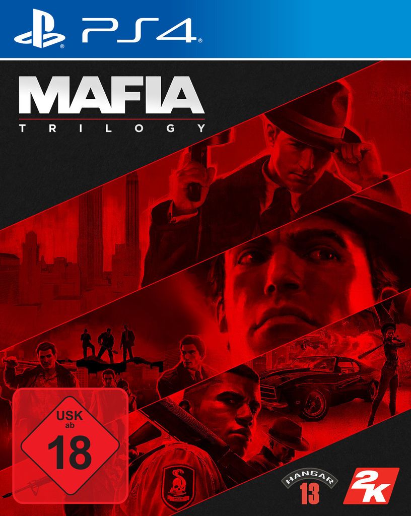 Collage of images related to the Mafia Trilogy video game, featuring characters, cars, and cityscapes in a red and black color scheme.