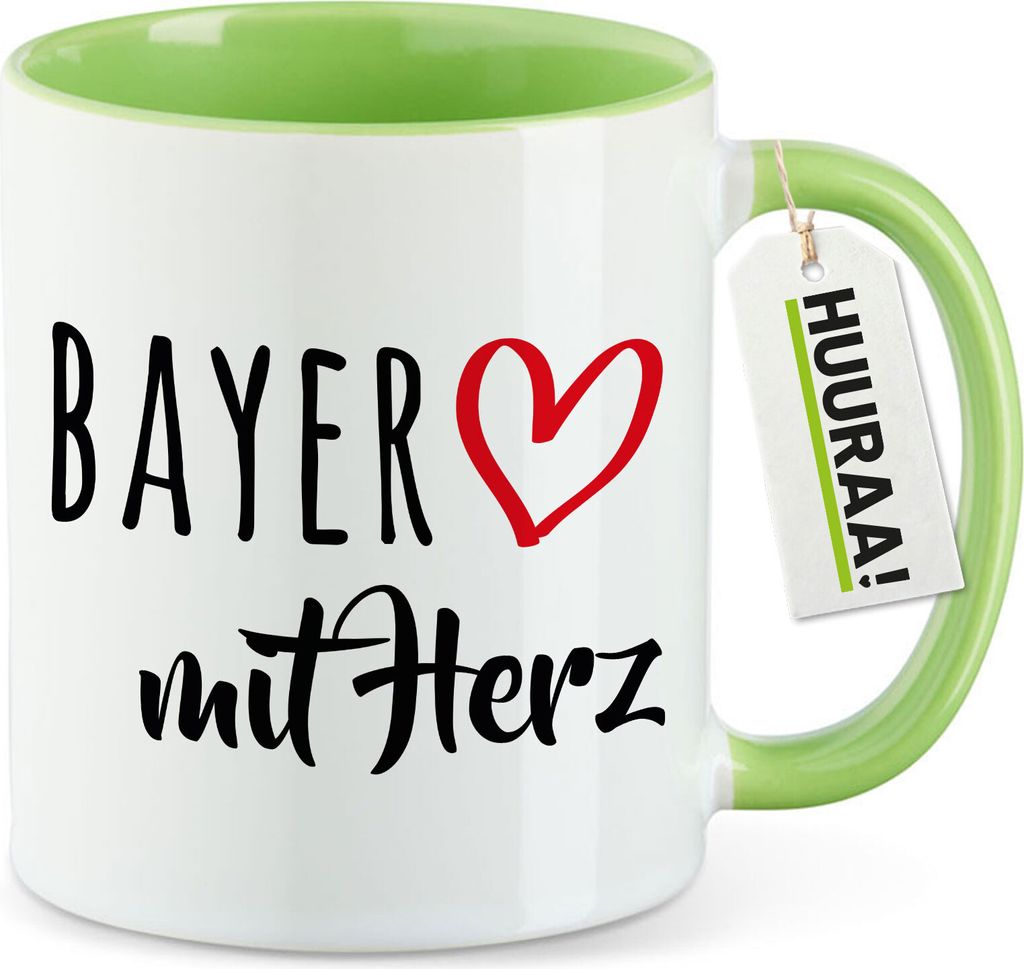 Huuraa Kaffeetasse Bayer mit Herz 330ml Grün Keramik Kaffeebecher Geschenkidee