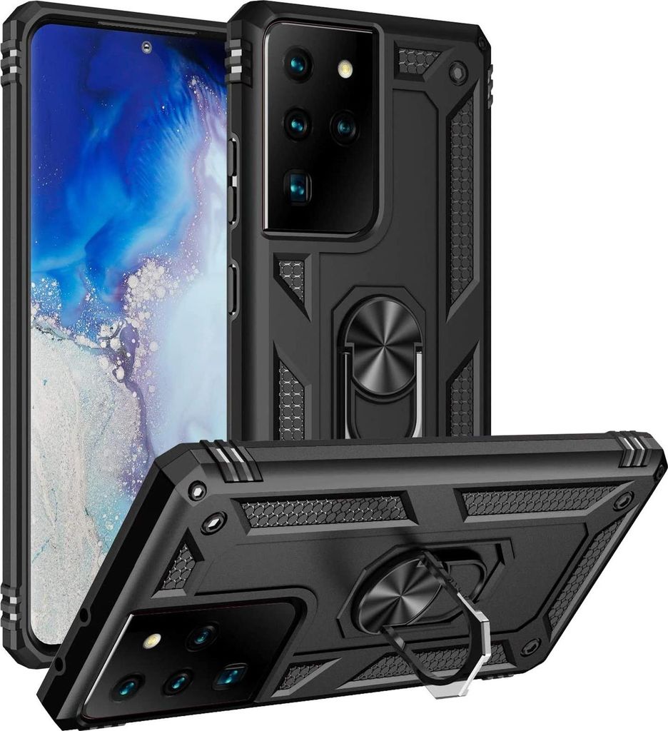 A black protective phone case with a ring holder, shown from multiple angles.