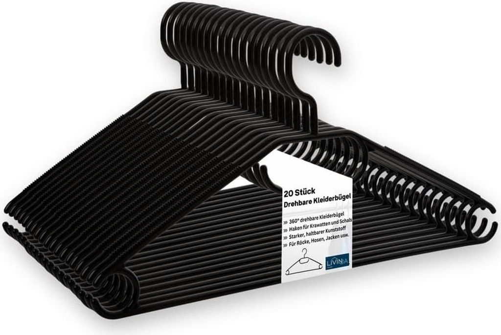 Kleiderbügel Set schwarz, drehbarer Haken, rutschfest, platzsparend, 20 Stück