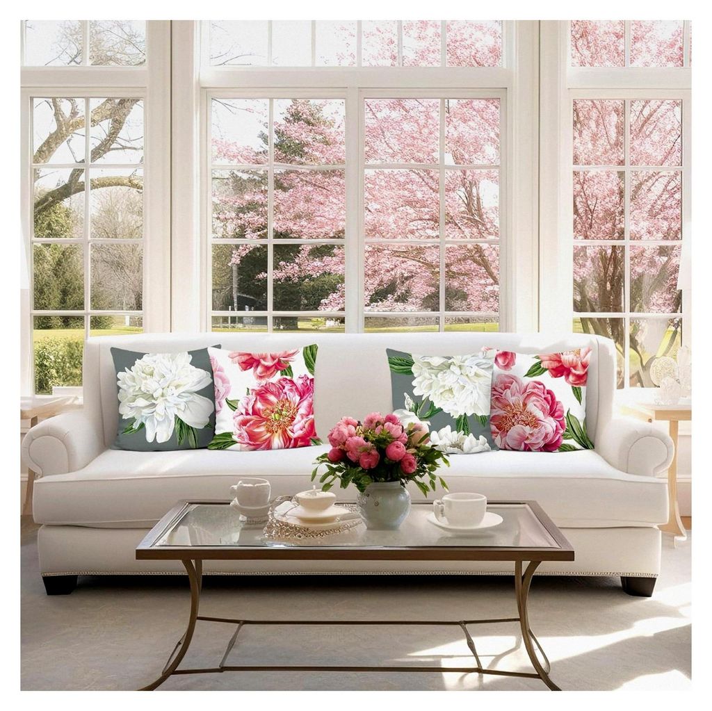 4er Set Kissenbezüge Frühling Blumen 45 x 45 cm Rosa Weiß Pfingstrose Grau Dekorative Kissenhülle für Sofa Zuhause Terrasse Frühling Dekoration