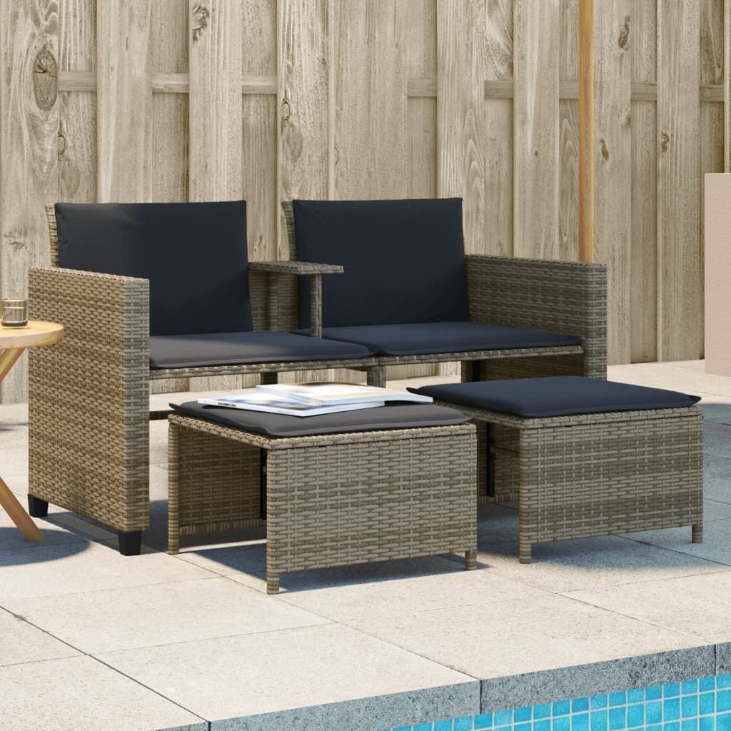 Maison Exclusive - Gartensofa 2-Sitzer mit Tisch und Hockern Grau Poly Rattan