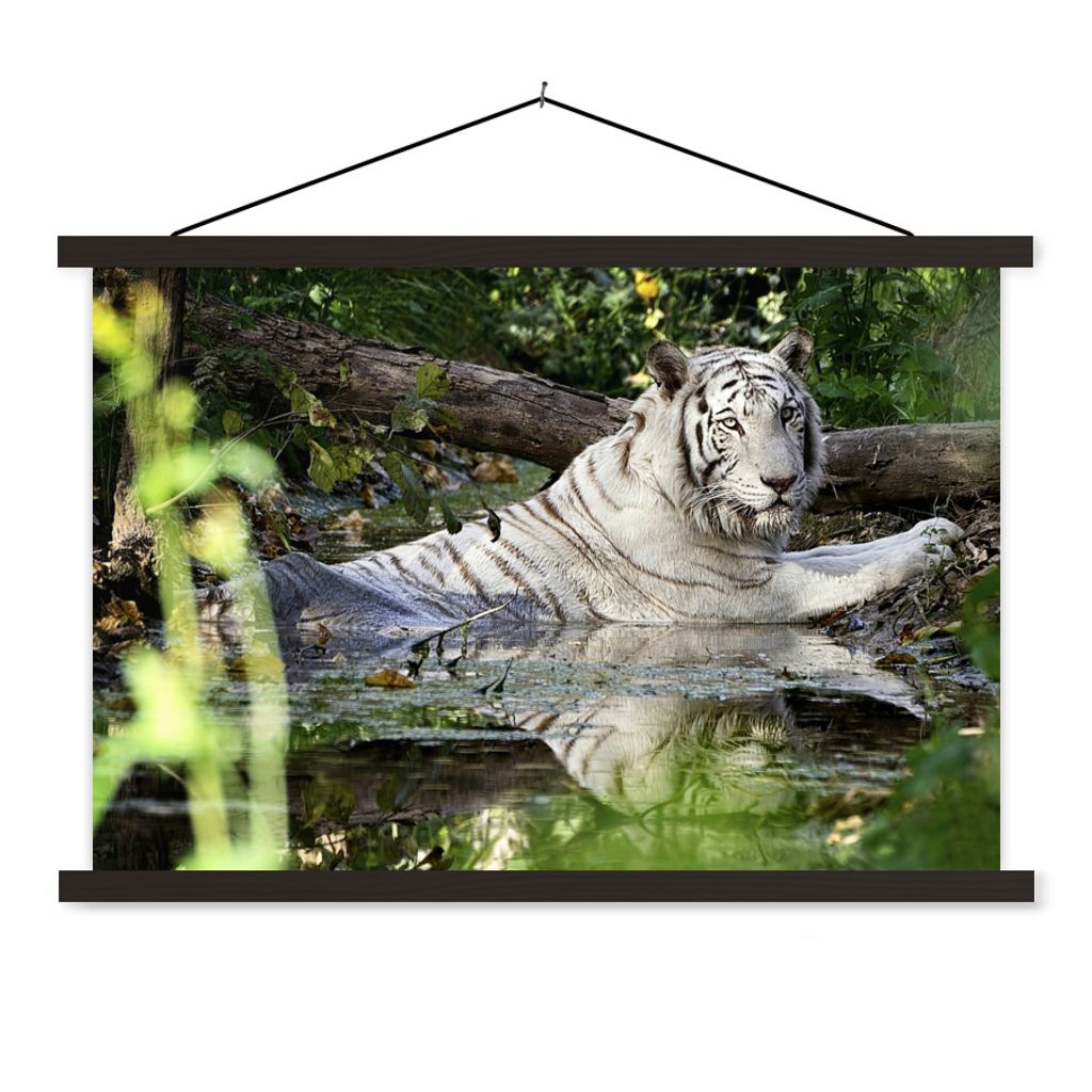 MuchoWow Textilposter Weißer Tiger im Wasser 90x60 cm mit schwarzem Rahmen - Aufhängungssatz