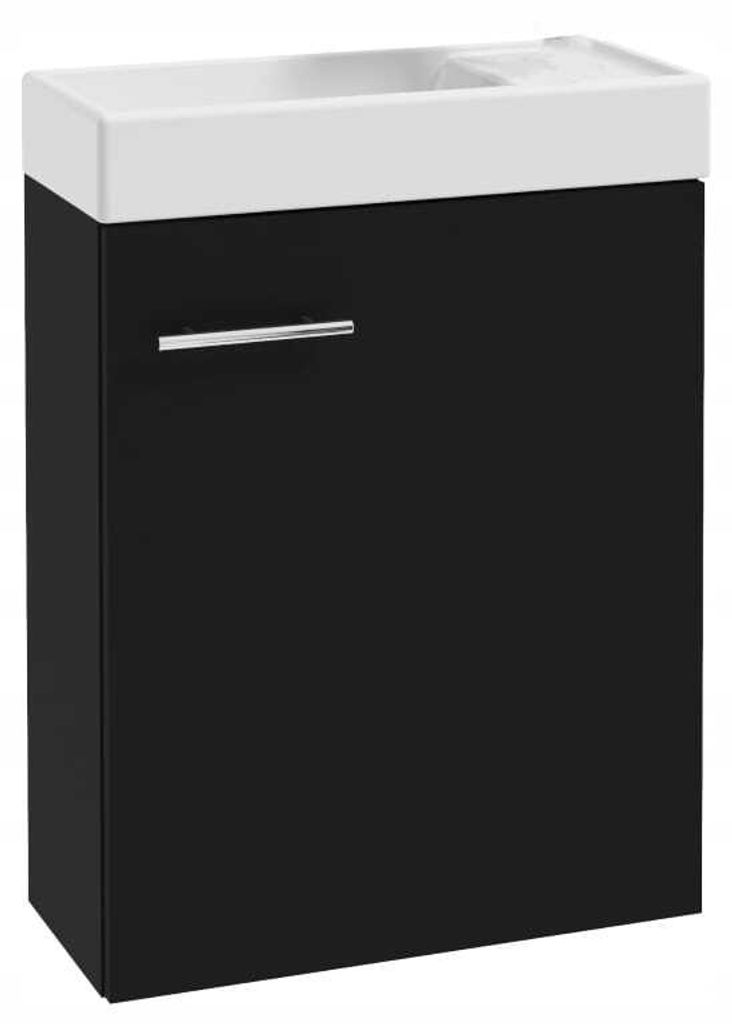A black bathroom cabinet with a white sink and a chrome faucet.