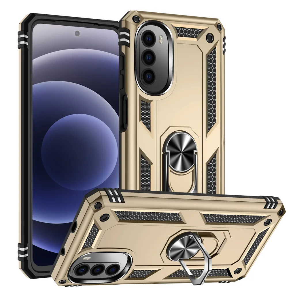 Cover Robusta Moto G52 Oro: Antiurto Militare con Cavalletto Ring