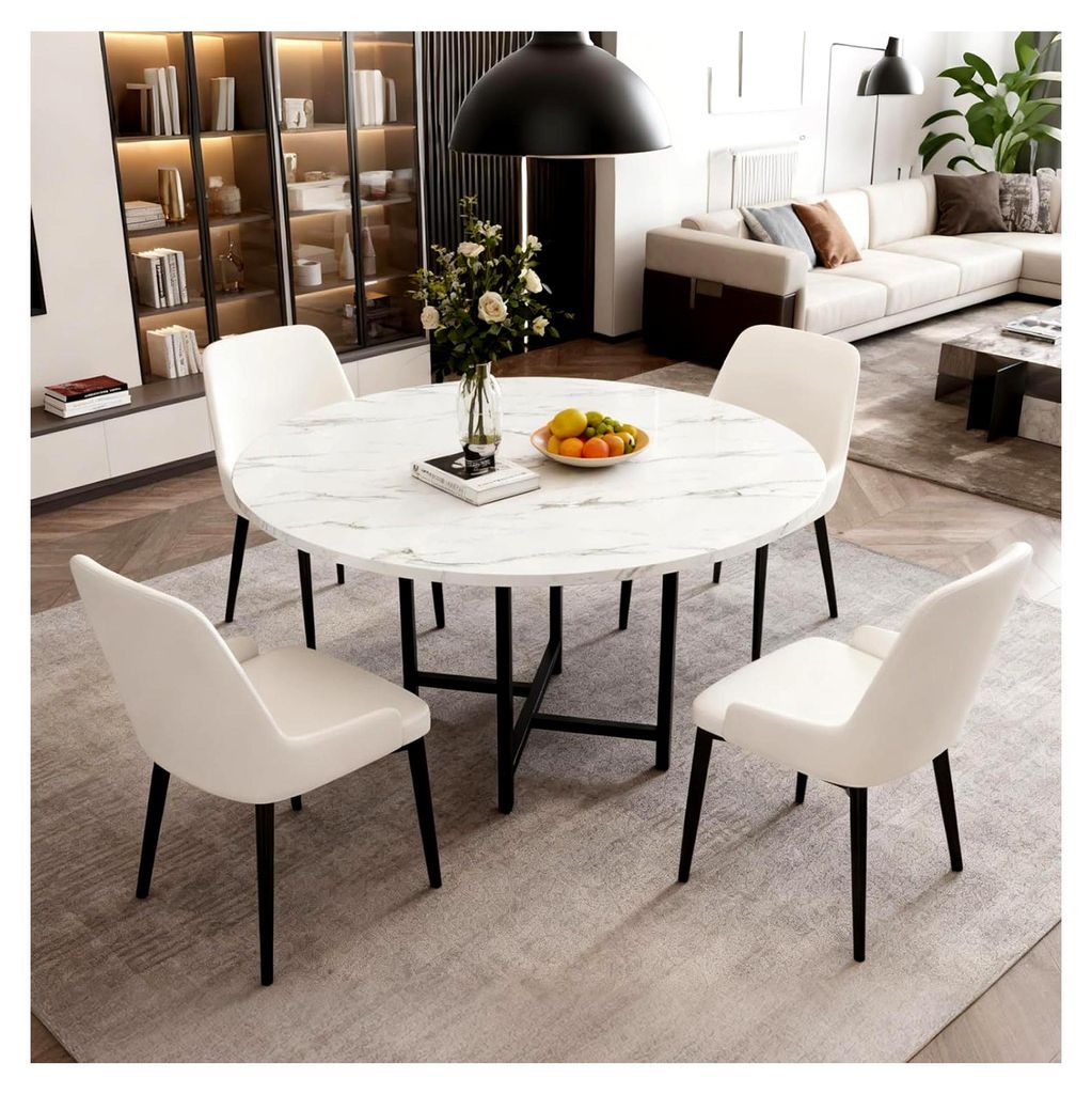 Runder Esstisch für 4-6 Personen, 120 cm, Küchentisch mit Metallfuß und Marmorierung für Esszimmer, Wohnzimmer und Büro