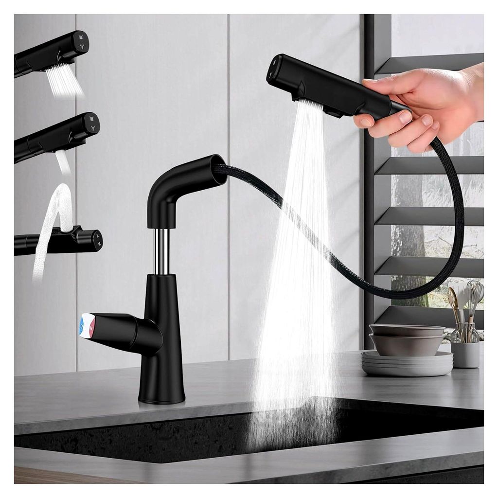 Schwarzer Wasserhahn für die Küche mit 70 cm ausziehbarer Brause und 6 cm höhenverstellbar, 360° Wasserhahn für das Bad mit zwei Wasserstrahla...