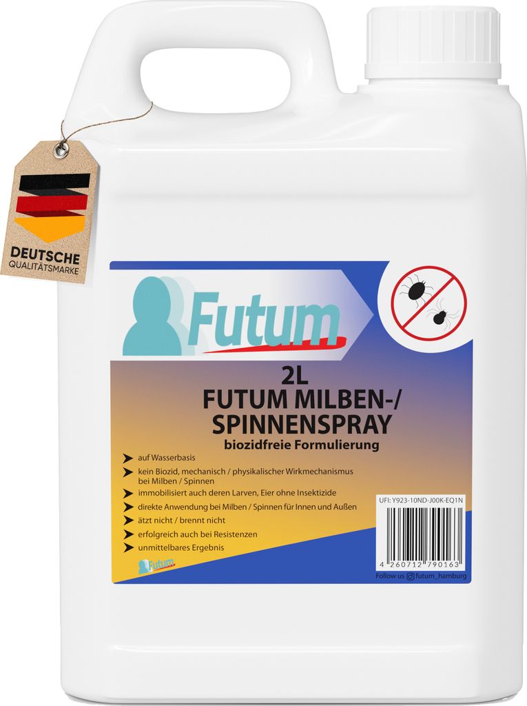 FUTUM 2 Liter Milbenspray / Spinnenspray | biozidfrei gegen Milben & Spinnen | Wasserbasis | schnell & Direktwirkung | fleckenfrei