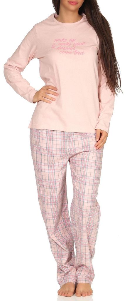 Damen Flanell Schlafanzug langarm Pyjama - Top Single Jersey, Hose Flanell - 202 201 10 602 ; rosa , 40