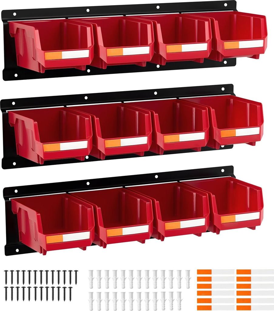 Sichtlagerboxen - Wandmontage Lagerboxen-Set - Set mit 12 Boxen - Maße 137×105×75 mm - Mit 3 Metallschienen - Stapelbar - Werkzeug-Organizer fü...