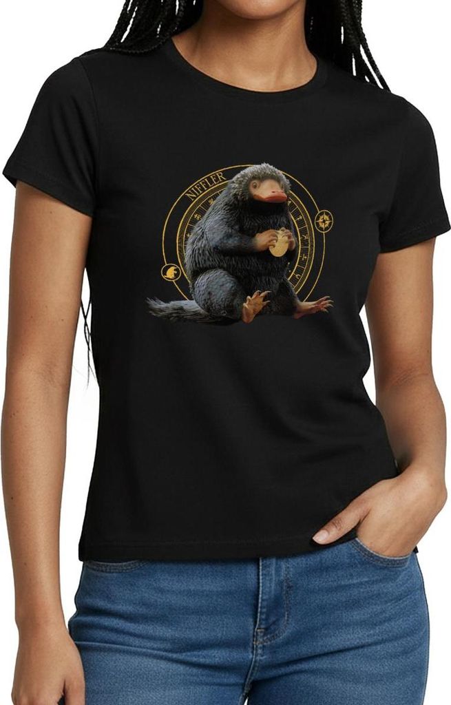 Spreadshirt Phantastische Tierwesen Niffler mit Gold Frauen T-Shirt, S, Schwarz