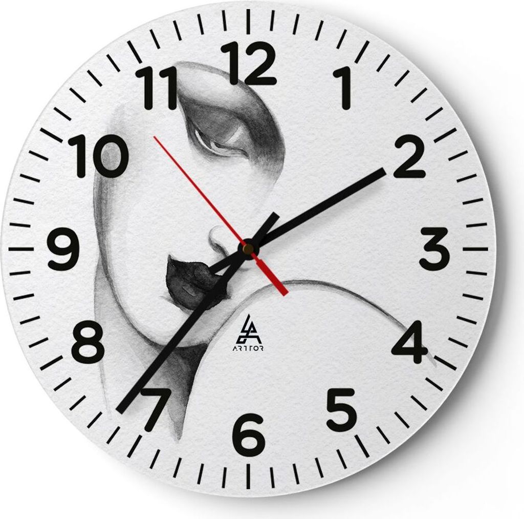 Wanduhr - Rund - Glasuhr - Porträt Frau Skizze - 40x40cm - Schleichendes Uhrwerk - Lautlos - zum Aufhängen bereit - Dekoration Modern - Wanddekor...
