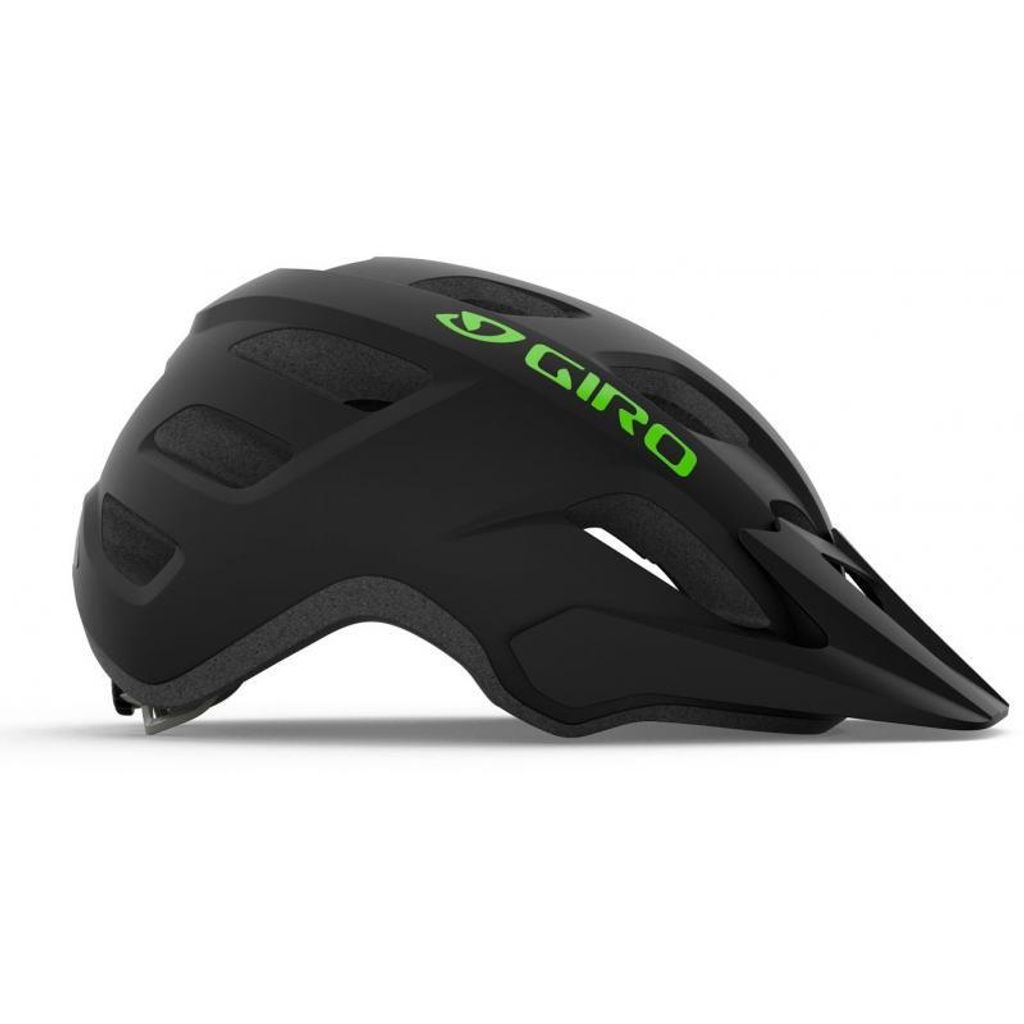 A black Giro bicycle helmet with green logo, shown from the side on a white background.
