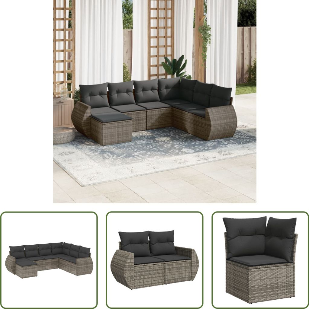 The Living Store 7-tlg. Garten-Sofagarnitur mit Kissen Grau Poly Rattan
