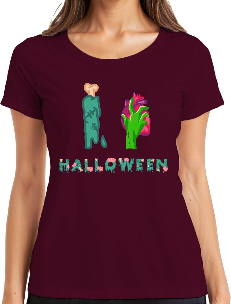 HALLOWEEN Zombie Hand Herz Knochen Blutig Horror Grusel Spuk Damen T-Shirt, Burgundy, XL