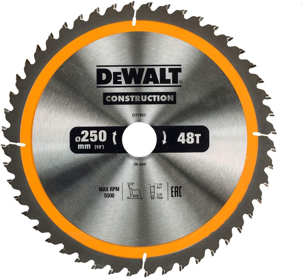 A circular saw blade with brand and specification details printed on it.