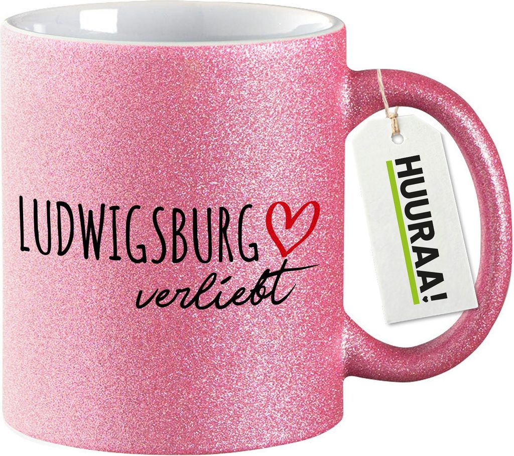 Huuraa Glitzertasse Ludwigsburg verliebt 330ml Pink Keramik Kaffeebecher Geschenkidee