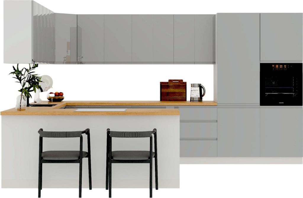 Winkelküche 390 × 260 cm Eckküche Einbauküche Ohne Arbeitsplatte Küchenblock Ohne E-Geräten , Aspen K107-M860 – Grau/Hochglanz