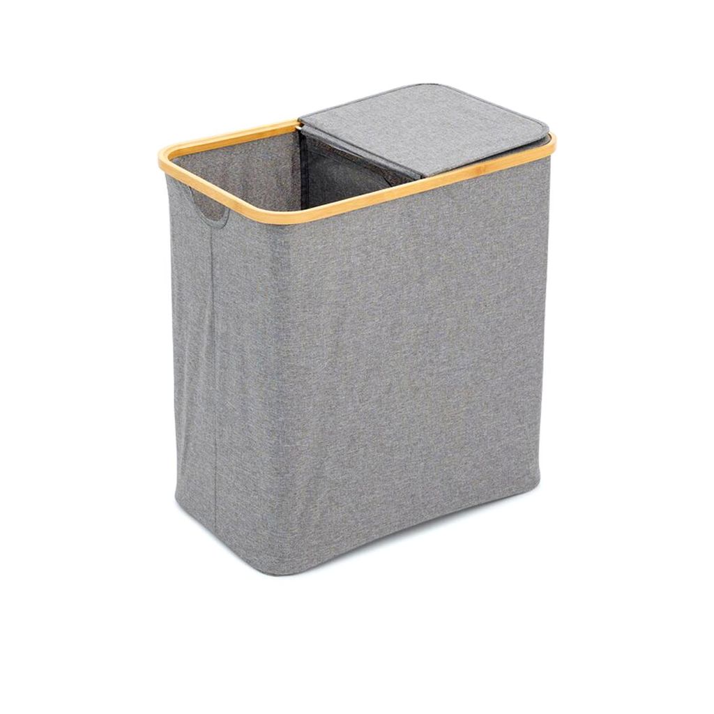 A grey fabric laundry sorter with a wooden rim and a lid, shown against a white background.