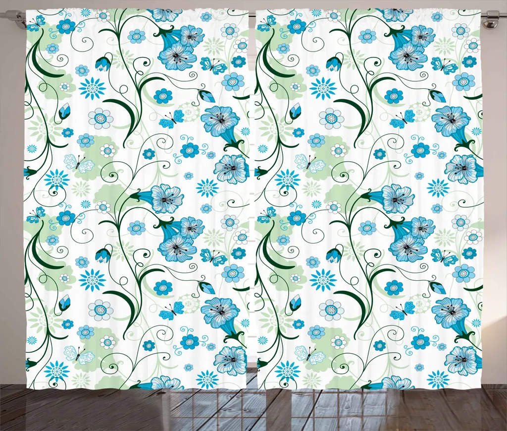 ABAKUHAUS Rideau Rustique Fleurs de Printemps 280x225cm Bleu et Vert