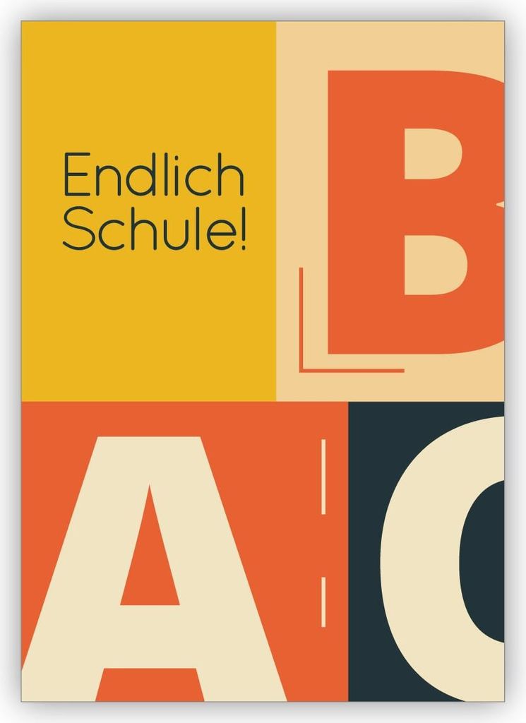 4x Schicke Designer Retro Glückwunschkarte zur Einschulung für Erstklässler mit Vintage ABC: Endlich Schule!