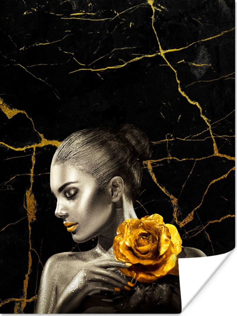 MuchoWow Poster Frauen - Rosen - Gold - Marmor 120x160 cm - Wandbilder