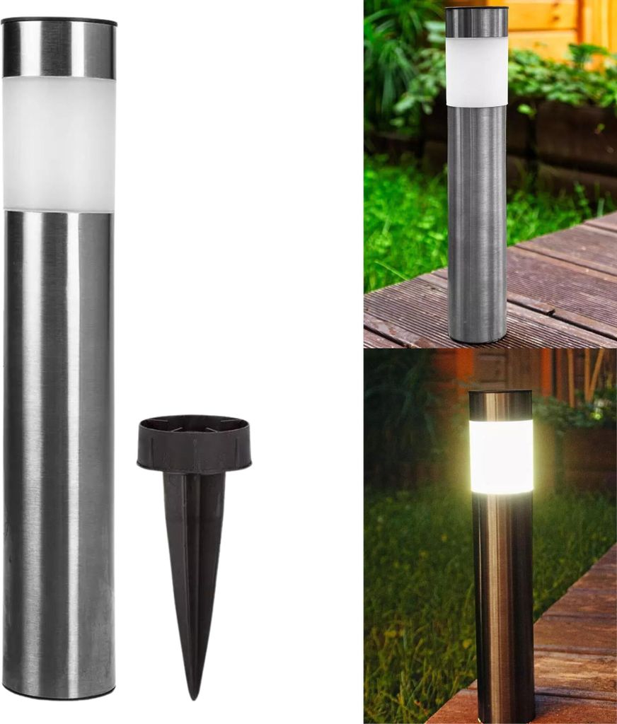 Collage of solar garden lights, showing one unlit and one lit light, and a separate stake.