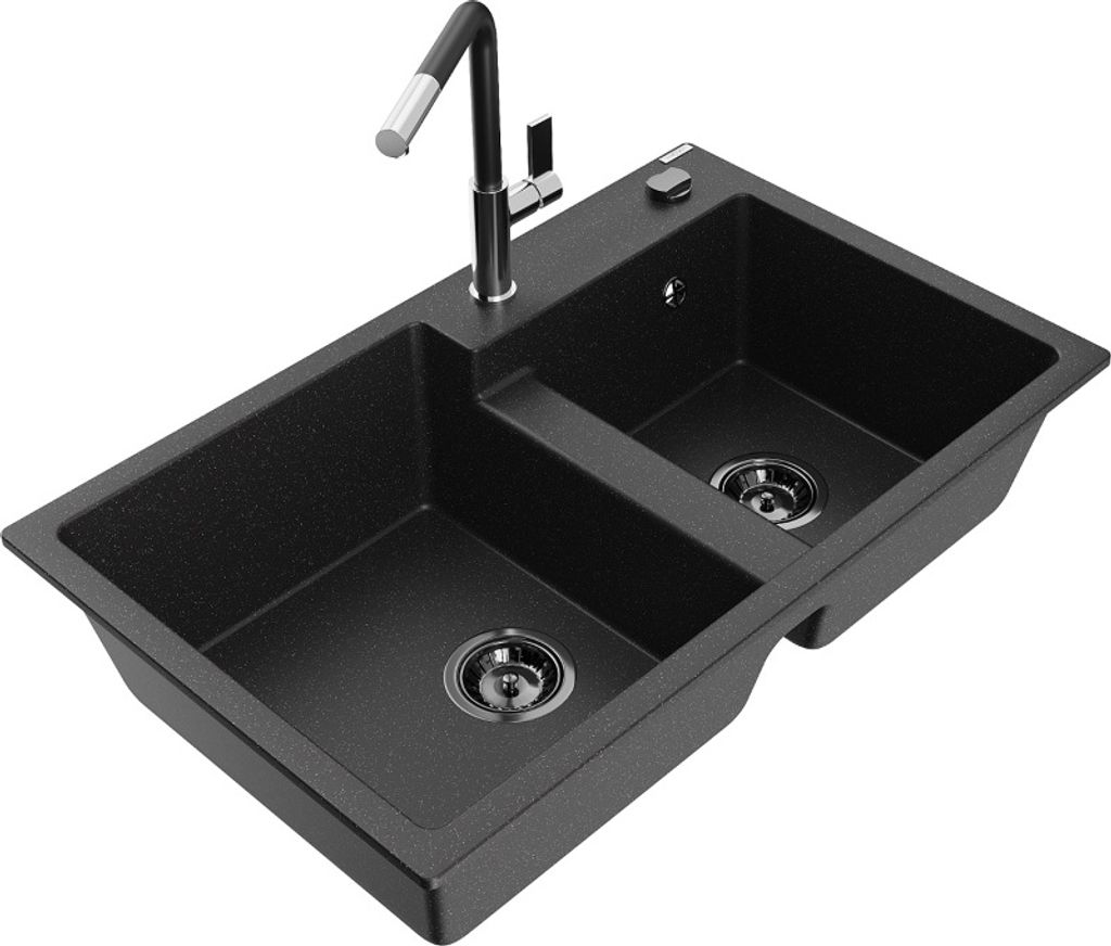 Mexen Tomas 2-Becken-Granitspüle mit Mischbatterie Flora, Schwarz/Silbermetallic - 6516-73-670401-07-B