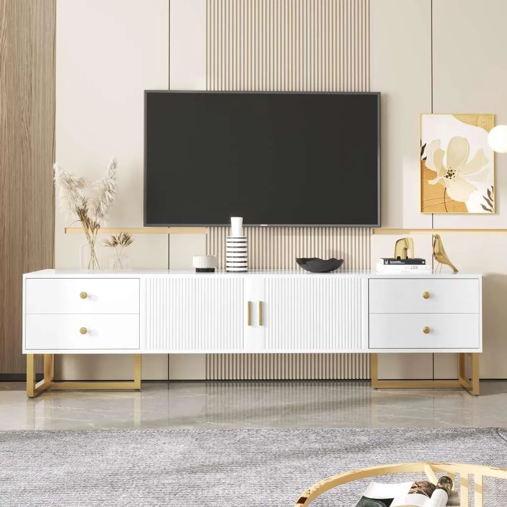Meuble TV blanc 175 cm AIORBER avec poignées dorées et tiroirs chic