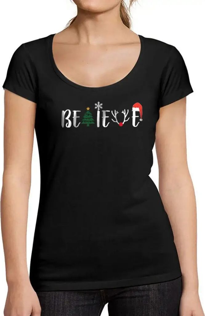 Damen Grafik T-Shirt Weihnachten glauben Baum xmas – Christmas Believe Tree Xmas – Öko-Verantwortlich Vintage Jahrgang Kurzarm Lustige Druck